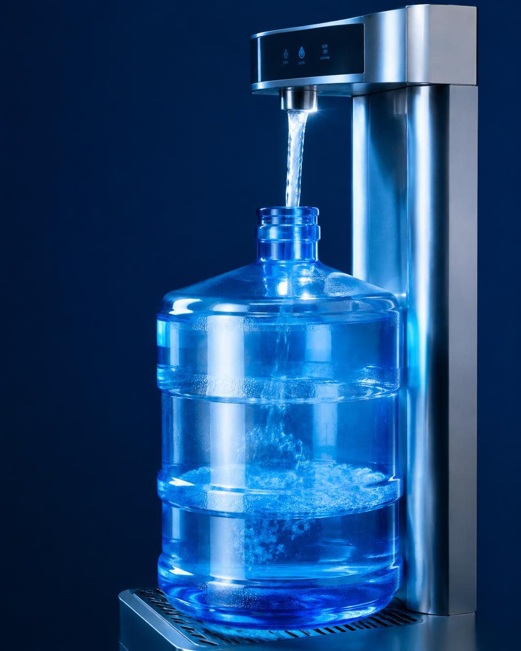 A large water bottle being refilled from a purified water dispenser